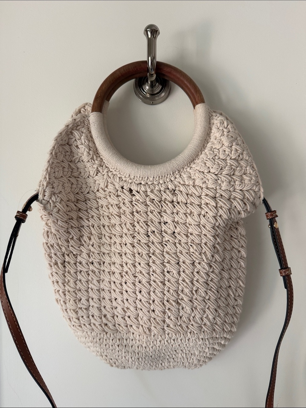 Zara Cream Crochet Handbag with Wooden Ring Handles